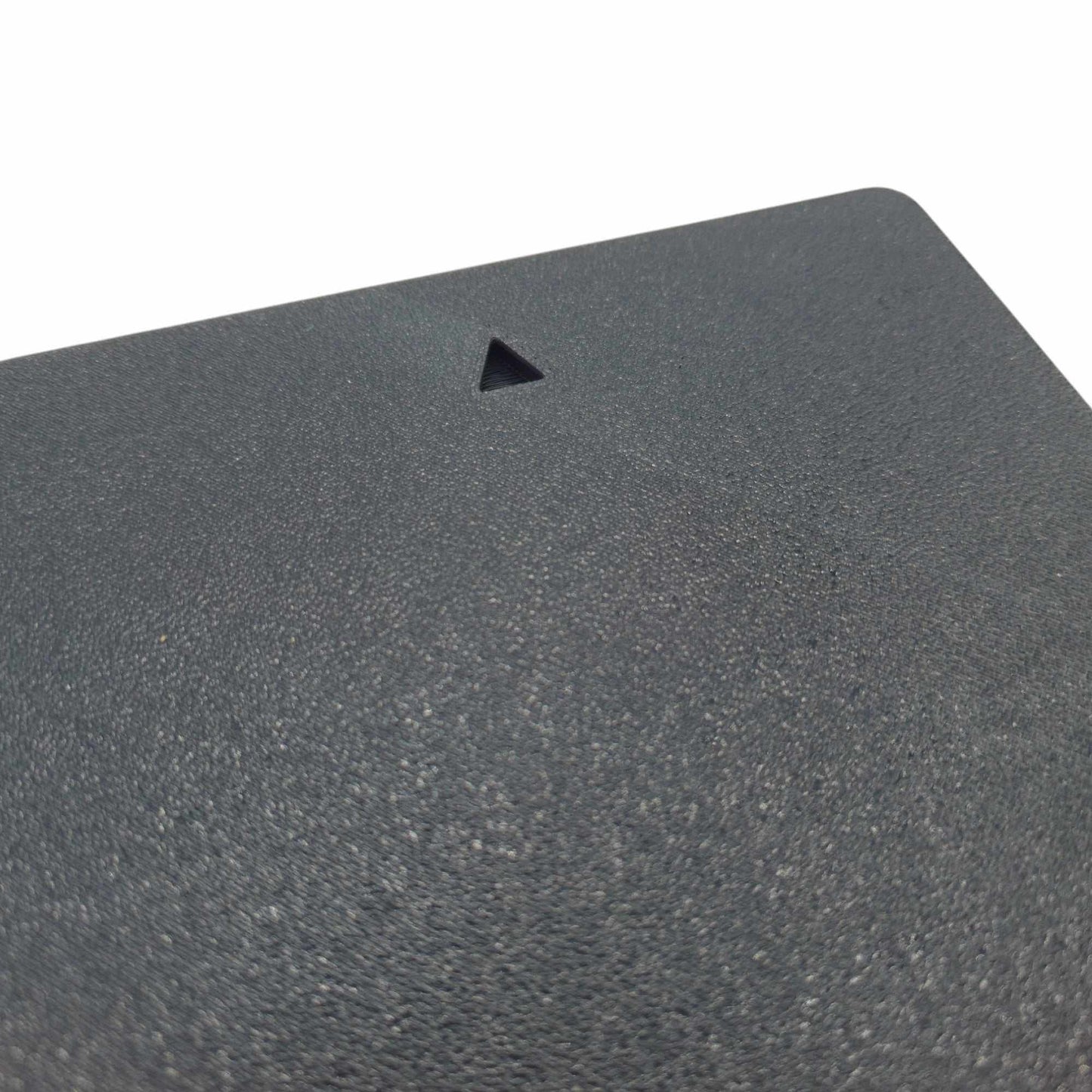Back view of black 3D printed "Have You Tried Turning It Off and On Again" sign showing triangular mounting slot for wall installation.