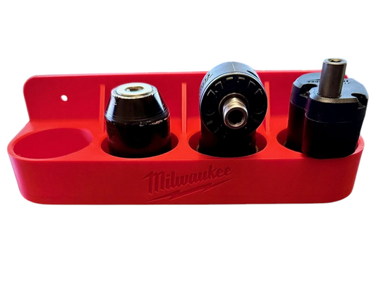Red Milwaukee 2505 Head Storage Rack wall-mounted organizer holding four fuel installation driver heads upright