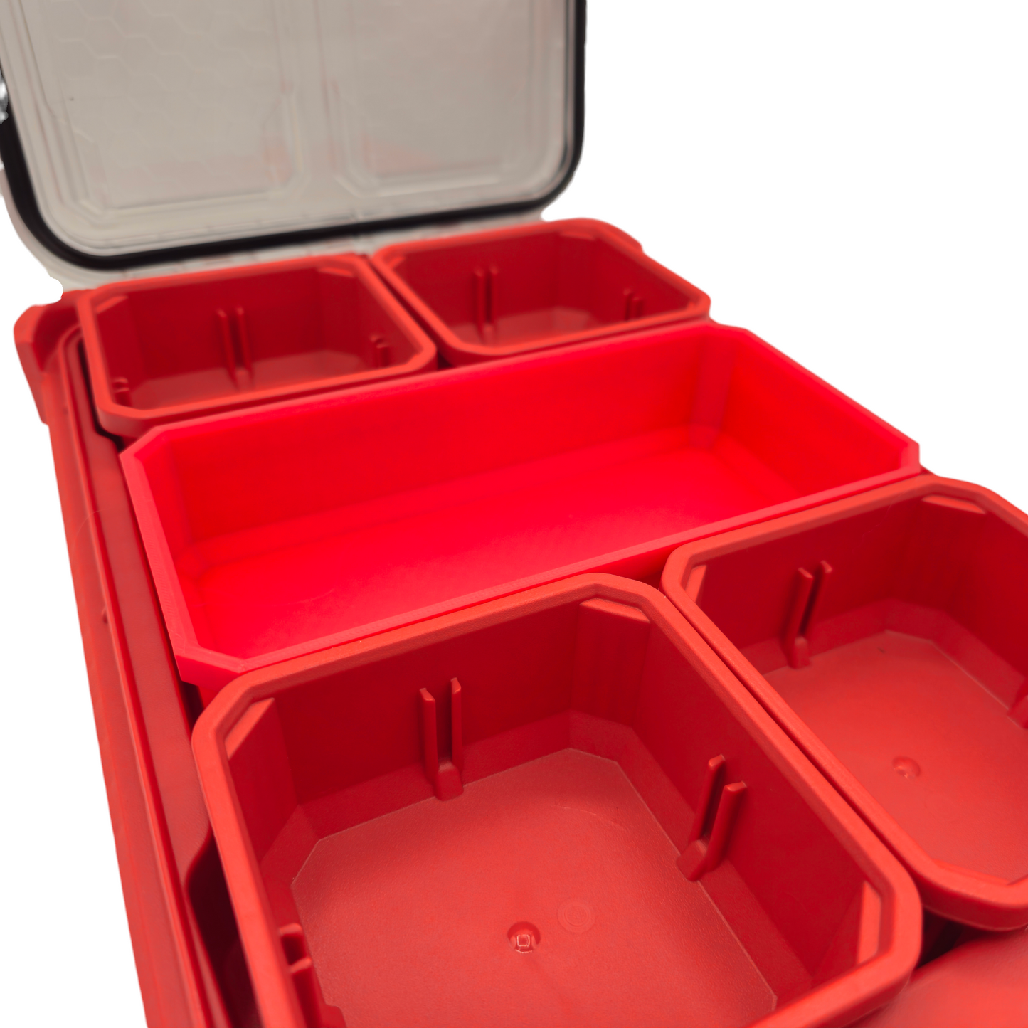 Red Milwaukee Pack-out Slim organizer with open lid showing a custom long bin without divider for storing longer tools.