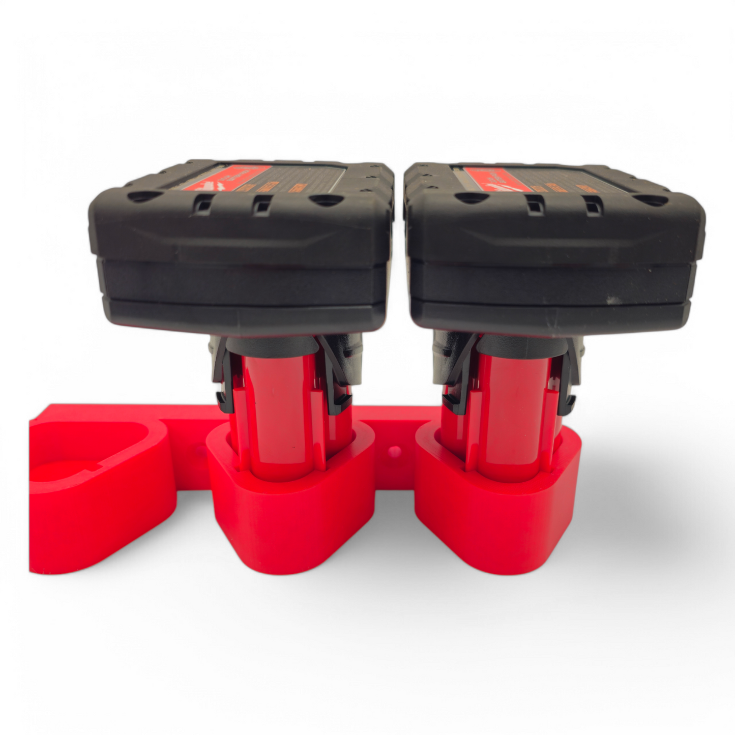 Red 3-slot wall-mounted Milwaukee M12 battery holder for organizing and securely holding three M12 batteries of any size.