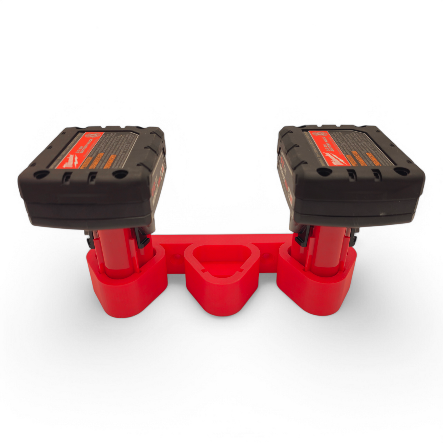 Red Milwaukee M12 battery holder wall mount with two batteries inserted, designed to hold three batteries, durable PETG material