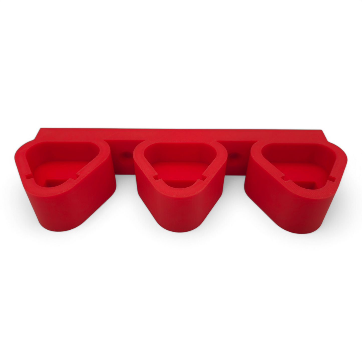 Red Milwaukee M12 battery holder wall mount with three slots for organizing batteries