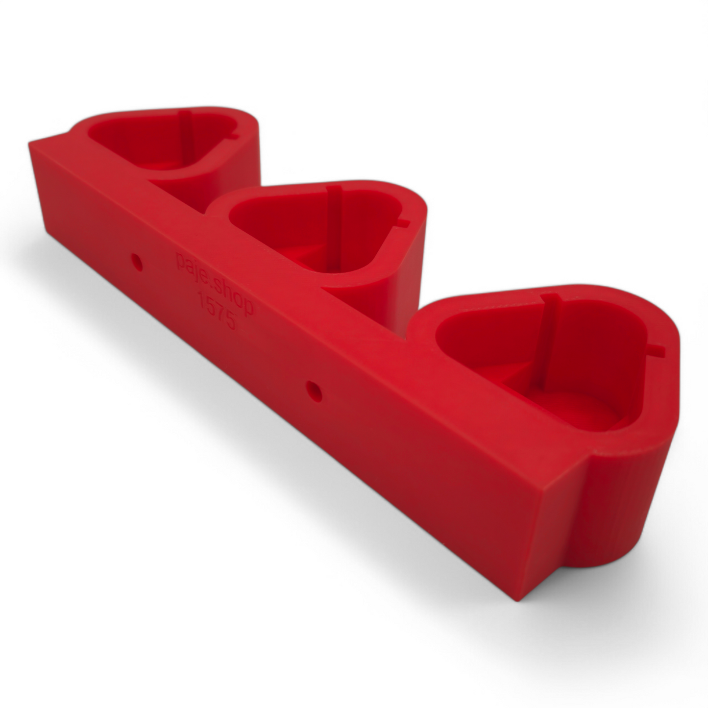 Red Milwaukee M12 battery holder with three slots for wall mounting, compact and durable PETG design.