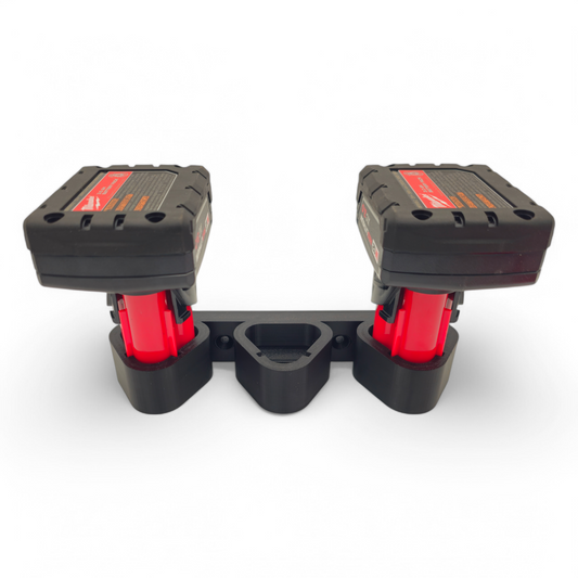 Black M12 battery holder wall mount for three Milwaukee M12 batteries, durable PETG, easy two-screw installation, compact storage organizer.