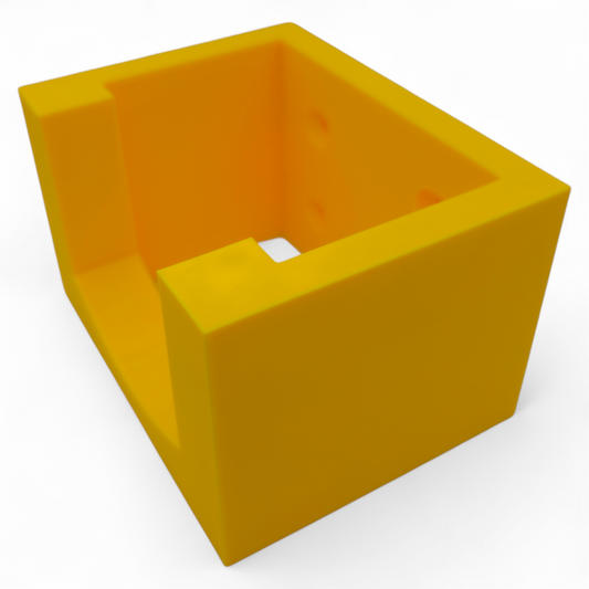 Yellow DeWalt DCW210B Wall Bracket made of durable PETG for secure and custom storage of DeWalt orbital sander, wall-mounted design saving workspace.