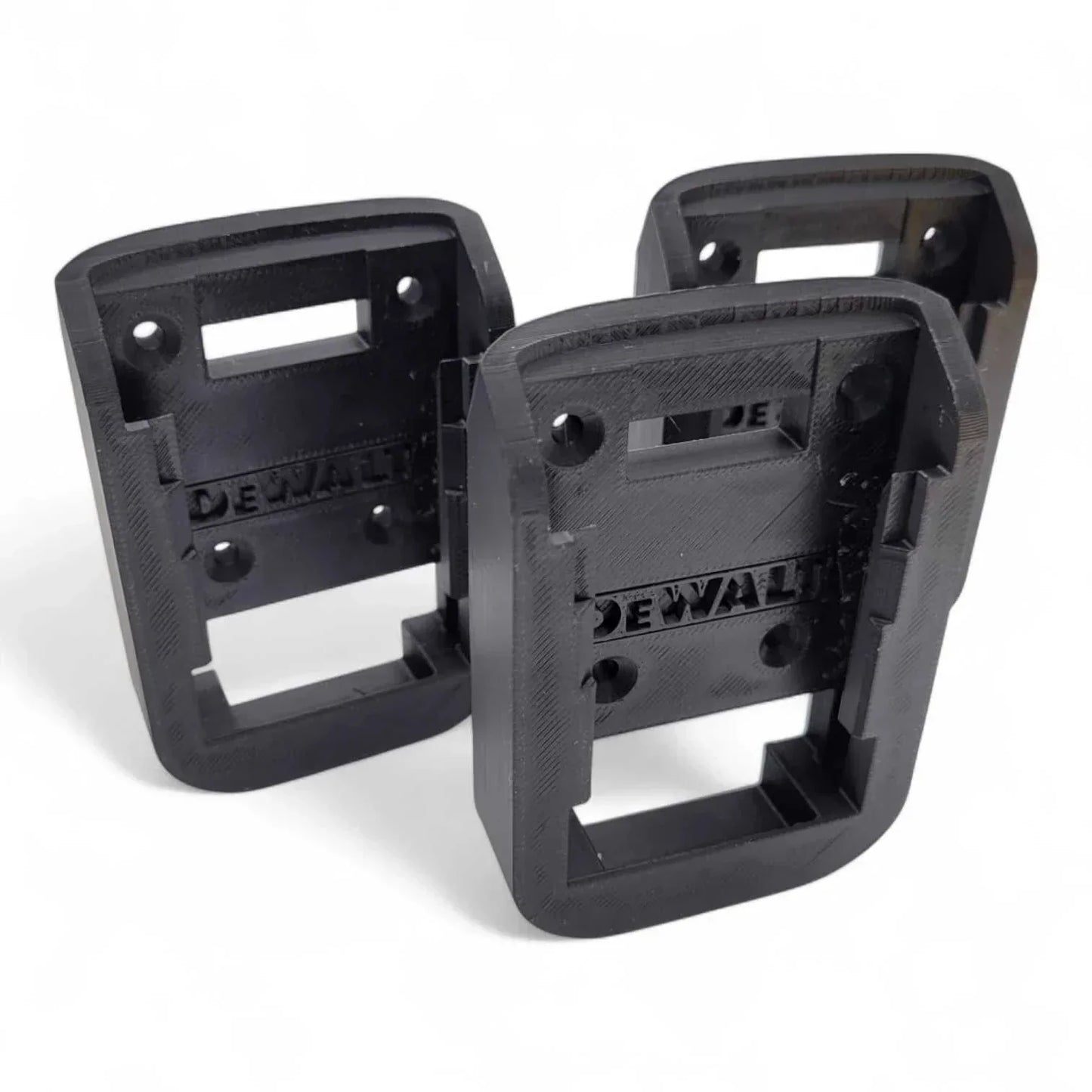 3-pack wall-mounted battery holders for 20V DeWalt, made in USA from PETG.