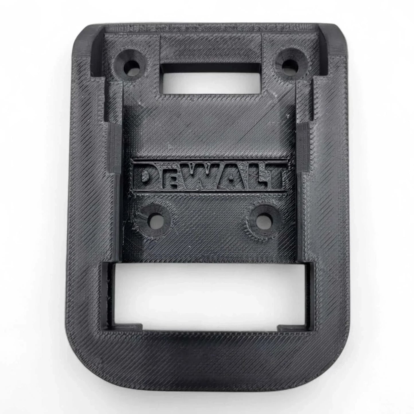Wall-mounted holder for 20V DeWalt batteries, black, secure click-in design, USA made.