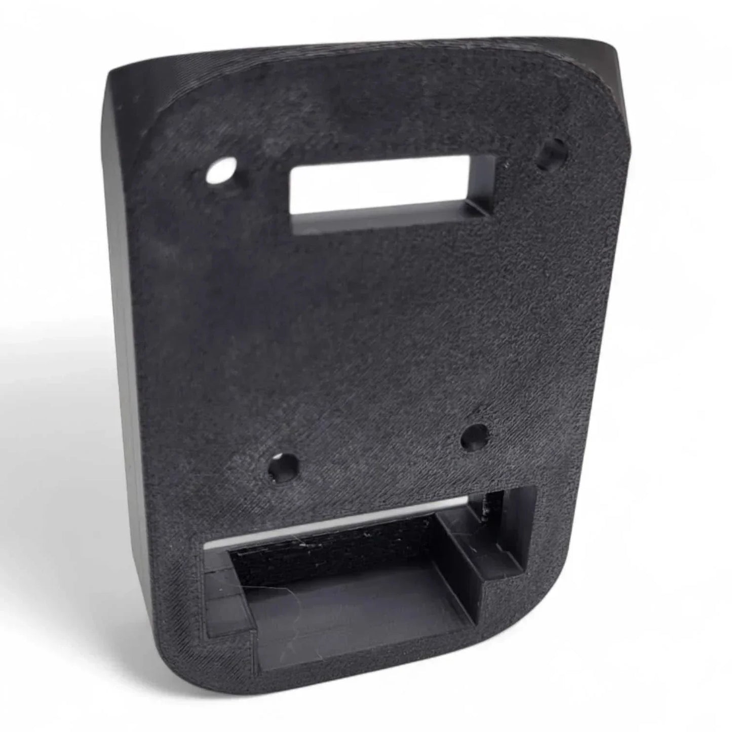 Wall-mounted holder for 20V DeWalt batteries, secure click-in design, PETG, black, USA-made.