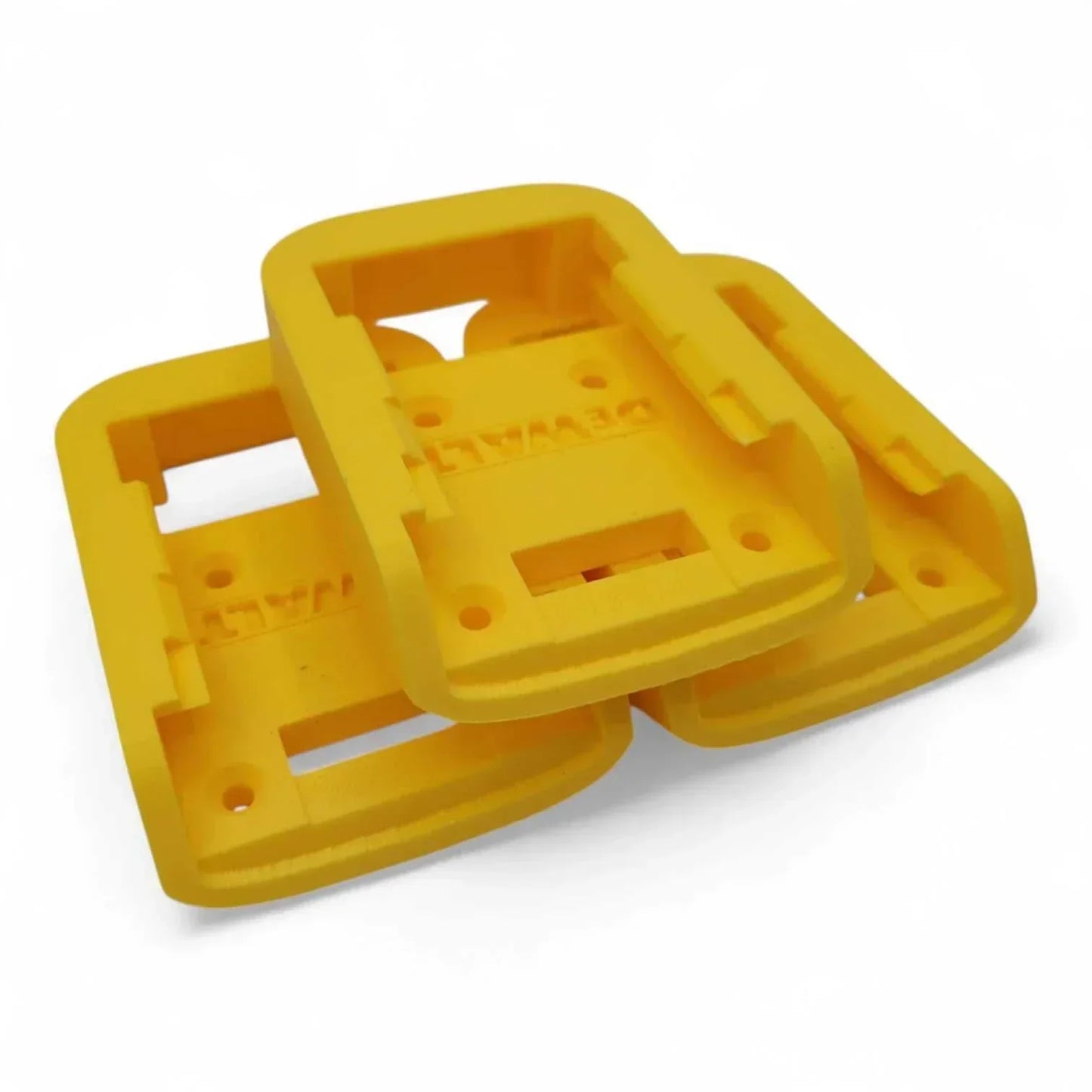 3-pack wall mounted battery holders for 20V DeWalt batteries, made in USA from durable PETG.