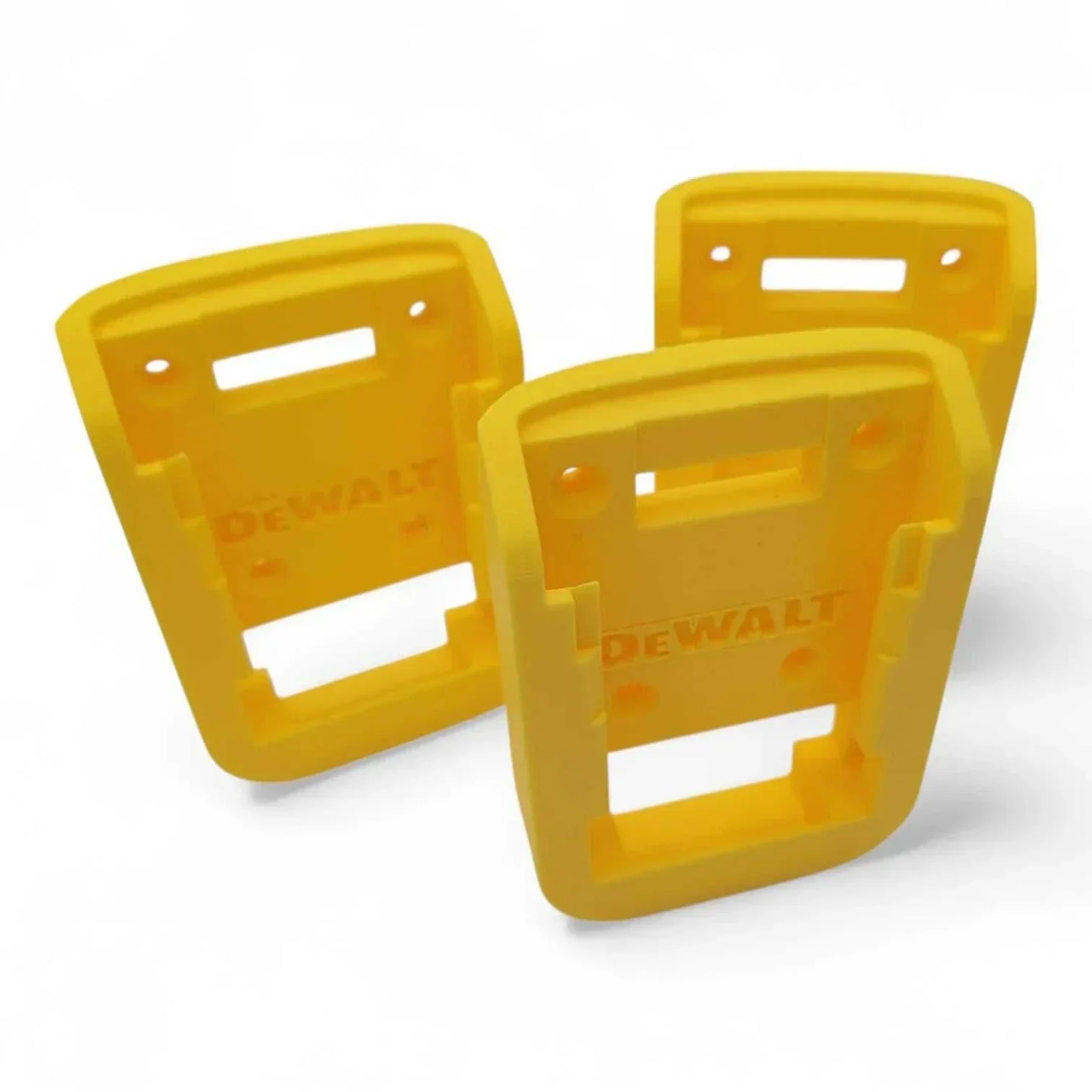 3-pack wall-mounted DeWalt 20V battery holders, USA made, durable PETG, secure design.