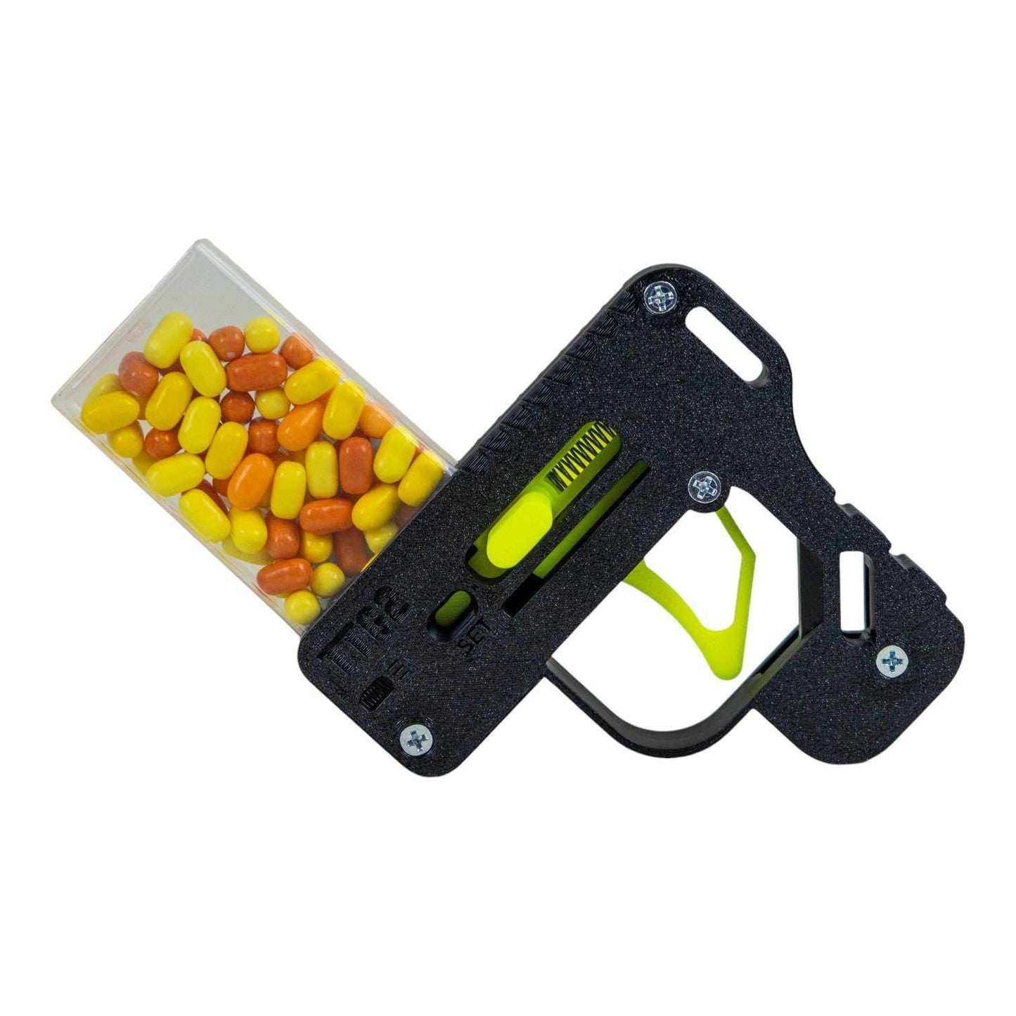 Black 3D printed Tic Tac gun shooter toy with yellow trigger and attached Tic Tac container loaded with orange and yellow mints