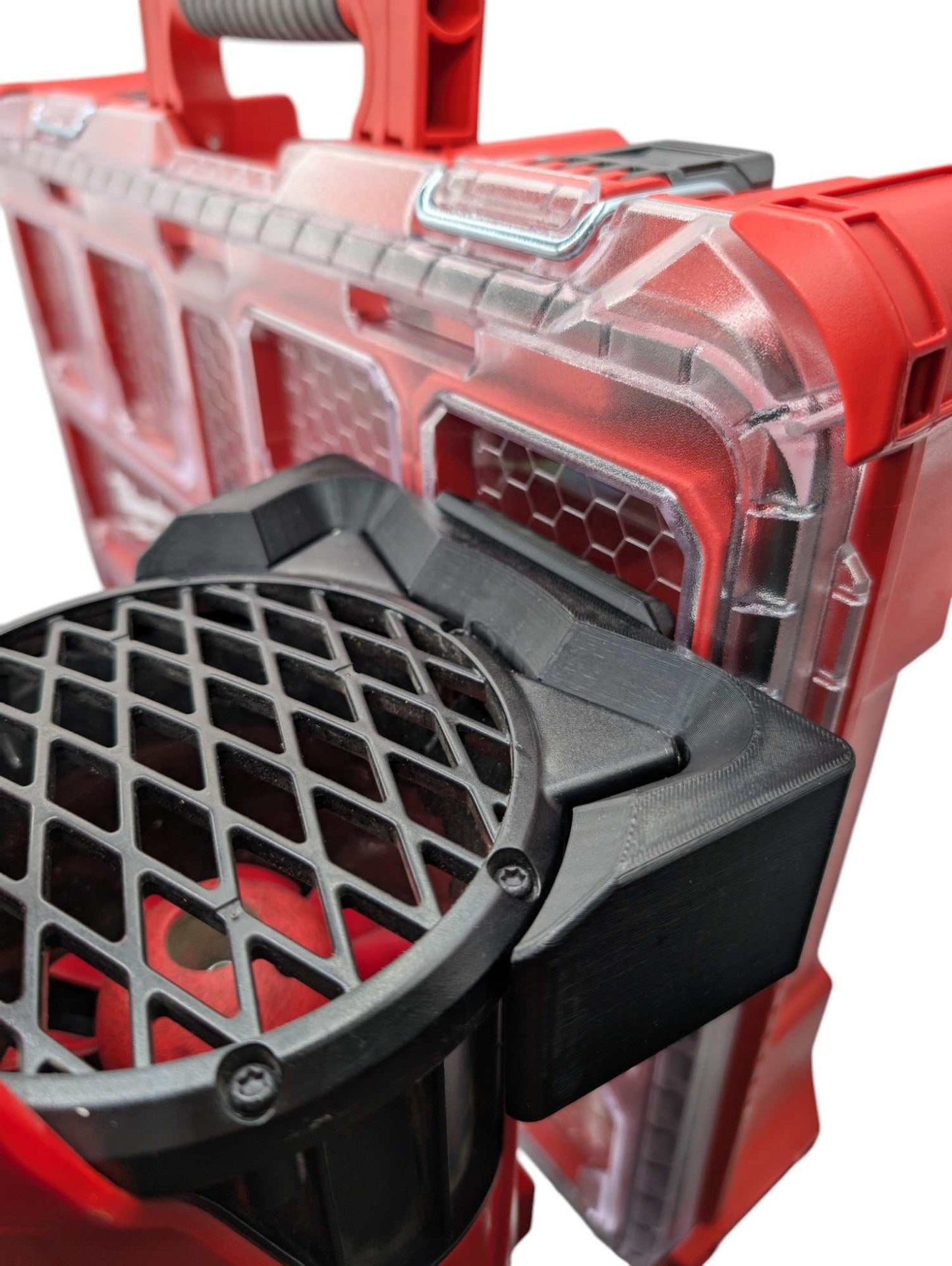 Milwaukee M18 Blower packout mount heavy-duty black PETG hook attached to red clear Milwaukee Packout case