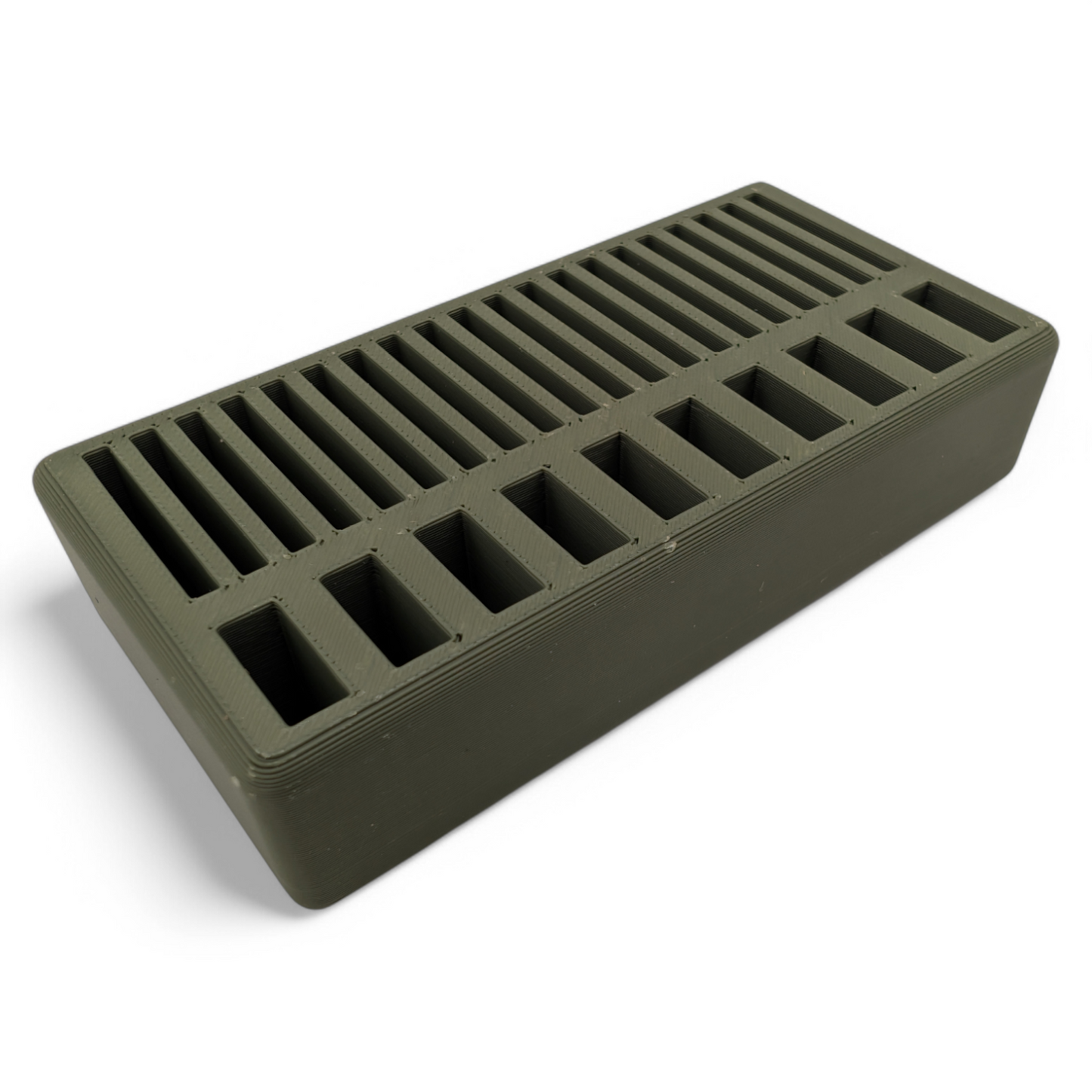 Compact 3D printed USB & SD card organizer holding 7 USB sticks and 18 SD cards, made in the USA.