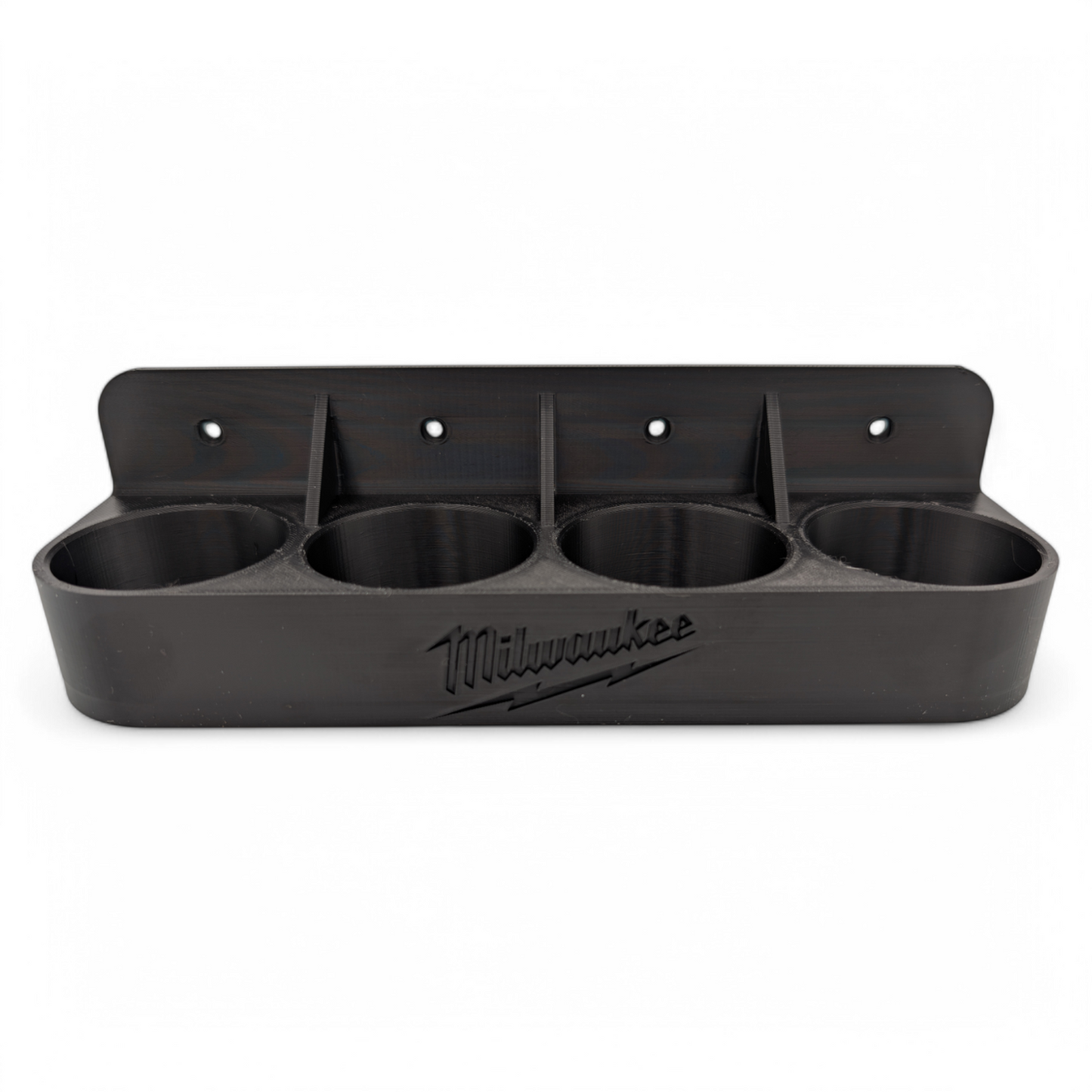 Milwaukee 2505 Head Storage Rack wall-mount organizer for holding four upright Fuel Installation Driver heads, durable black PETG design.