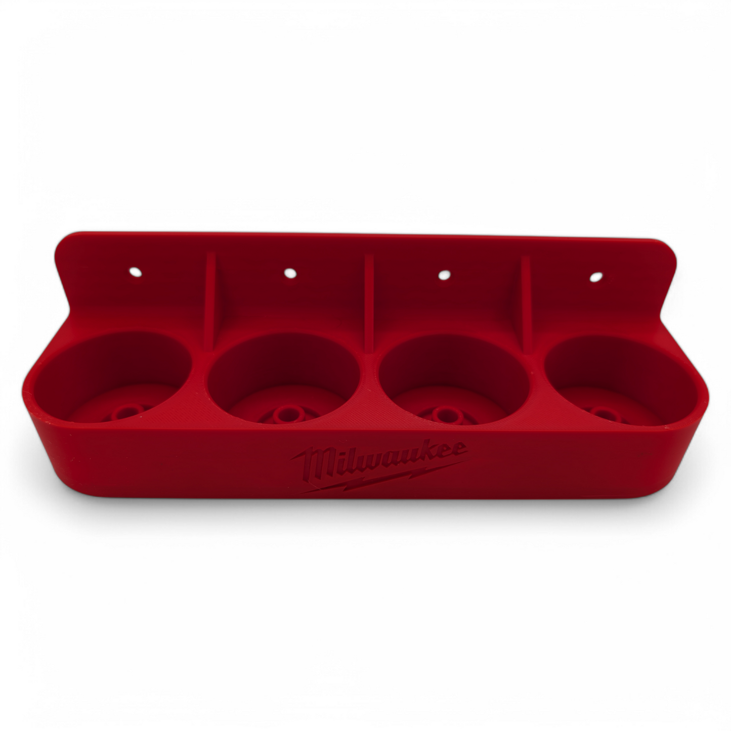 Red Milwaukee 2505 Head Storage Rack wall-mount organizer designed to hold four Fuel Installation Driver heads upright.