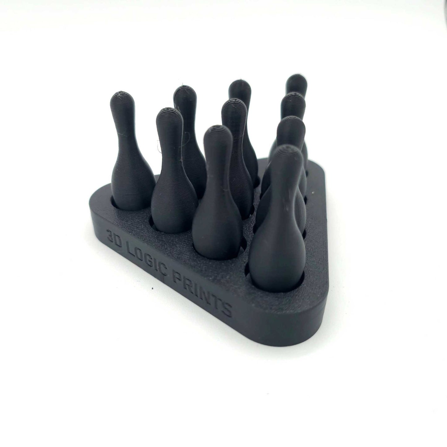 3D-printed mini bowling pins set with pin setter for desk or toy accessory