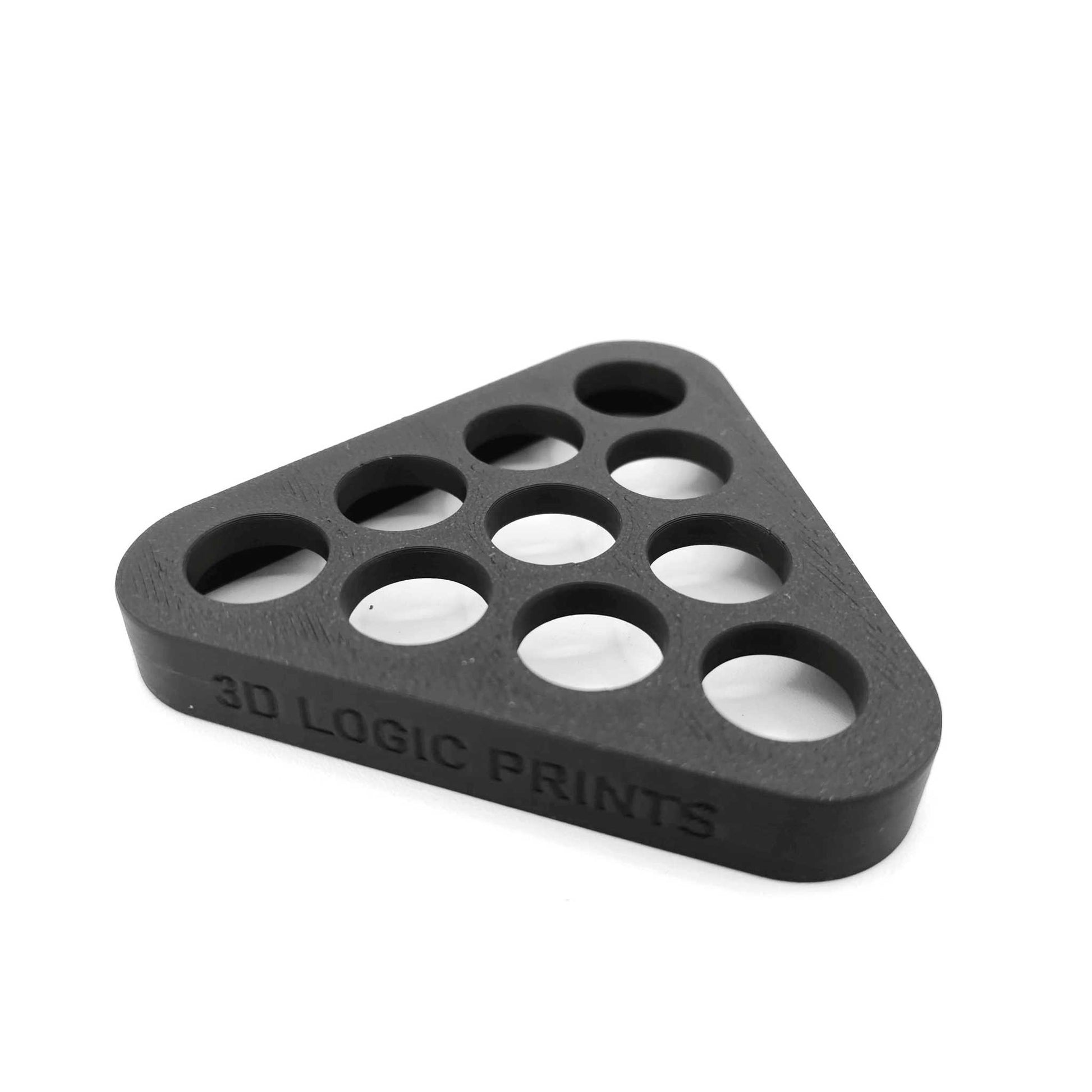 3D-printed black pin setter for mini bowling pins with 3D Logic Prints logo