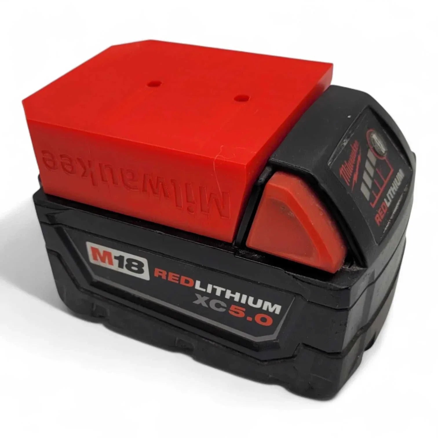 Heavy duty Milwaukee M18 Battery Wall Mount in red and black, durable PETG, USA made.