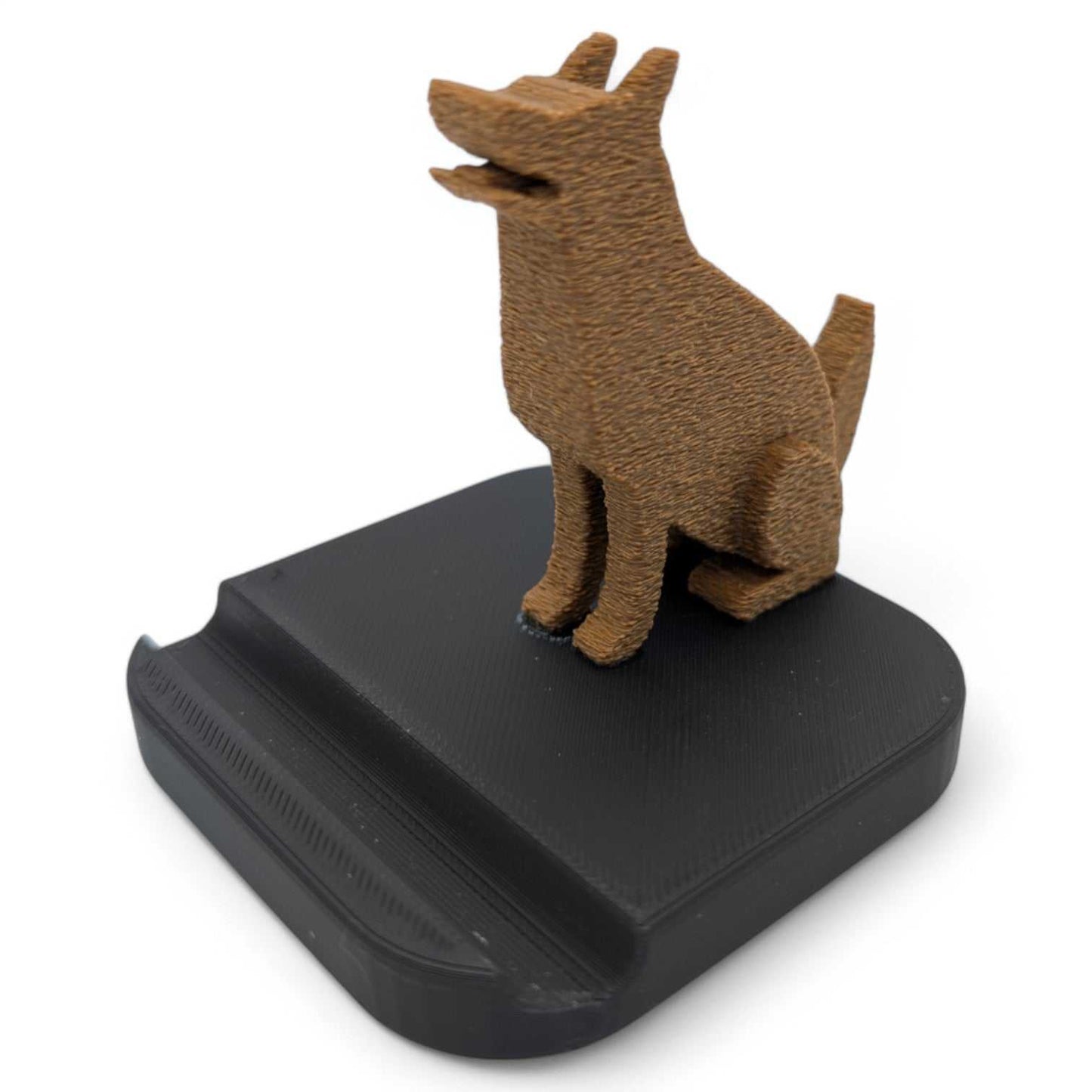 German Shepherd Dog phone stand with brown dog figure on black base holding smartphones vertically or horizontally