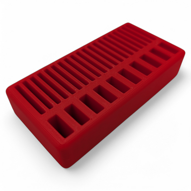 Red USB and SD card organizer, 3D printed to hold 7 USB sticks and 18 SD cards, compact design.