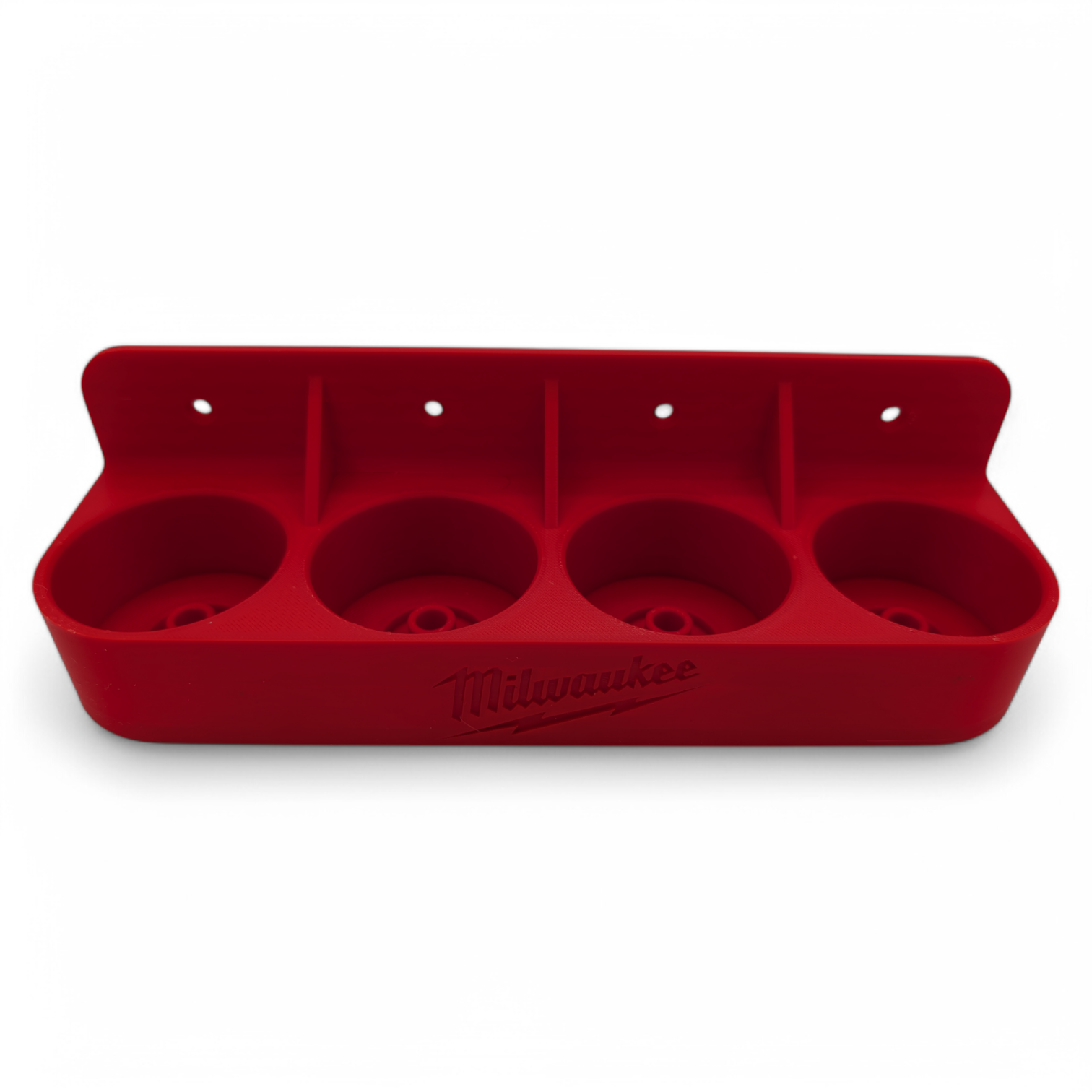 Red Milwaukee 2505 Head Storage Rack wall-mount organizer designed to hold four Fuel Installation Driver heads upright.